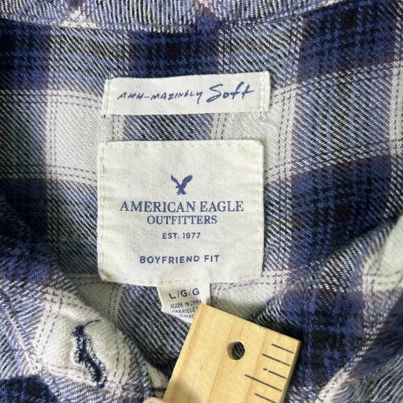American Eagle Boyfriend Fit Flannel Shirt Womens L Blue White Plaid Button Up - Picture 3 of 9